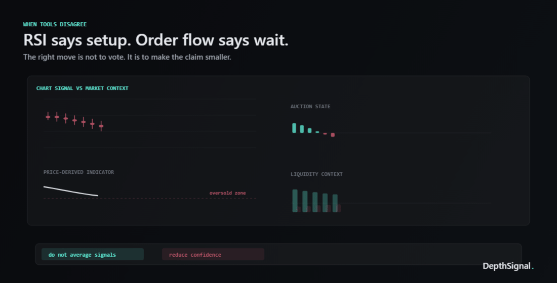 Animated RSI and order flow disagreement showing a chart setup while OFI and depth remain fragile.